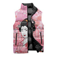 Japanese Geisha Cherry Blossom Sleeveless Puffer Jacket Pink Palaka Hawaii Pattern Fusion Design
