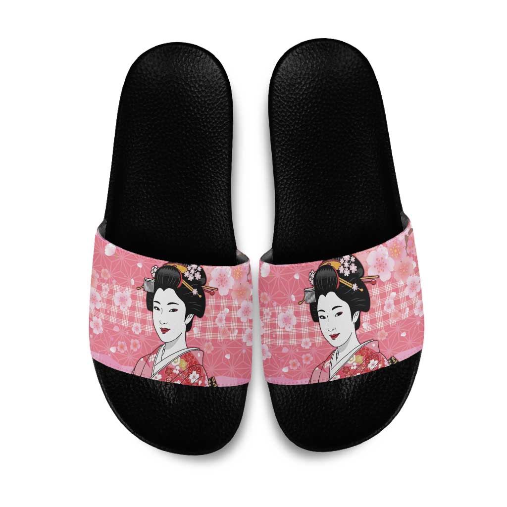 Japanese Geisha Cherry Blossom Slide Sandals Pink Palaka Hawaii Pattern Fusion Design