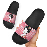 Japanese Geisha Cherry Blossom Slide Sandals Pink Palaka Hawaii Pattern Fusion Design