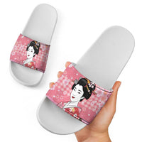 Japanese Geisha Cherry Blossom Slide Sandals Pink Palaka Hawaii Pattern Fusion Design