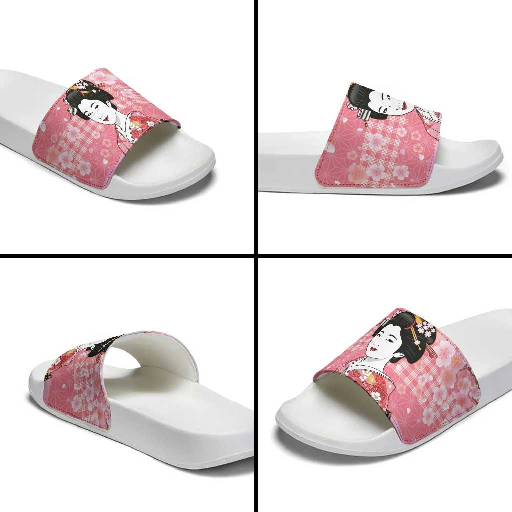 Japanese Geisha Cherry Blossom Slide Sandals Pink Palaka Hawaii Pattern Fusion Design