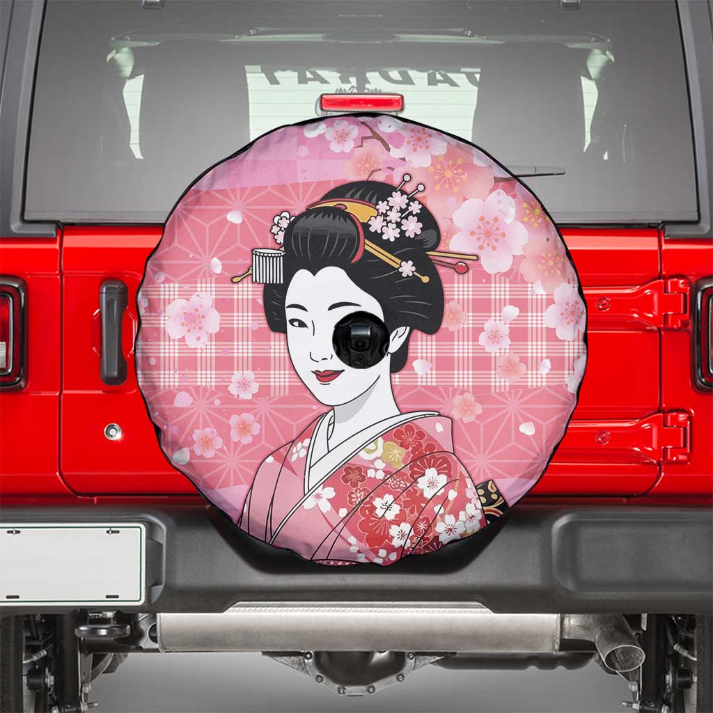 Japanese Geisha Cherry Blossom Spare Tire Cover Pink Palaka Hawaii Pattern Fusion Design