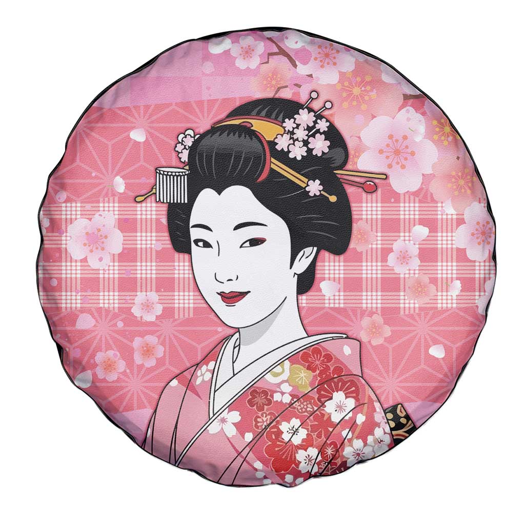Japanese Geisha Cherry Blossom Spare Tire Cover Pink Palaka Hawaii Pattern Fusion Design