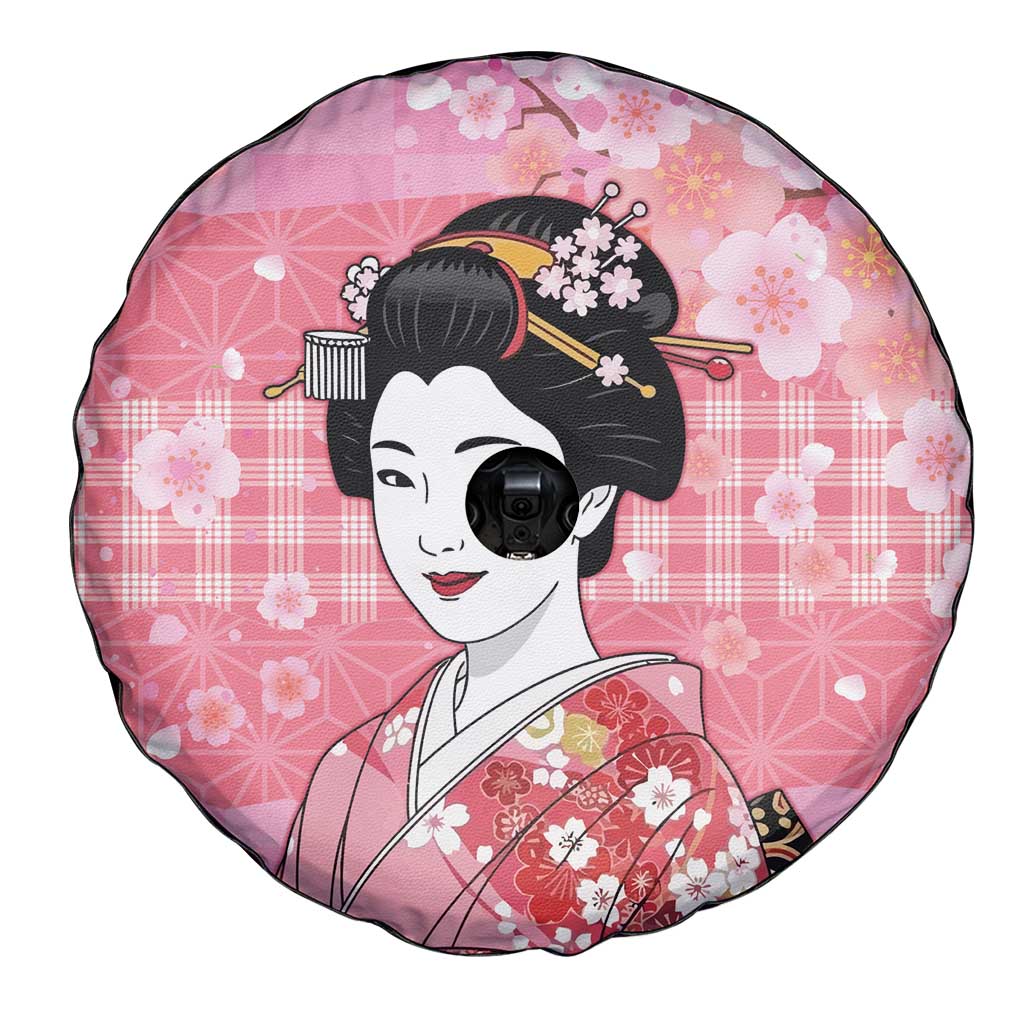 Japanese Geisha Cherry Blossom Spare Tire Cover Pink Palaka Hawaii Pattern Fusion Design