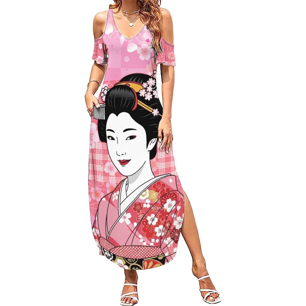 Japanese Geisha Cherry Blossom Summer Maxi Dress Pink Palaka Hawaii Pattern Fusion Design