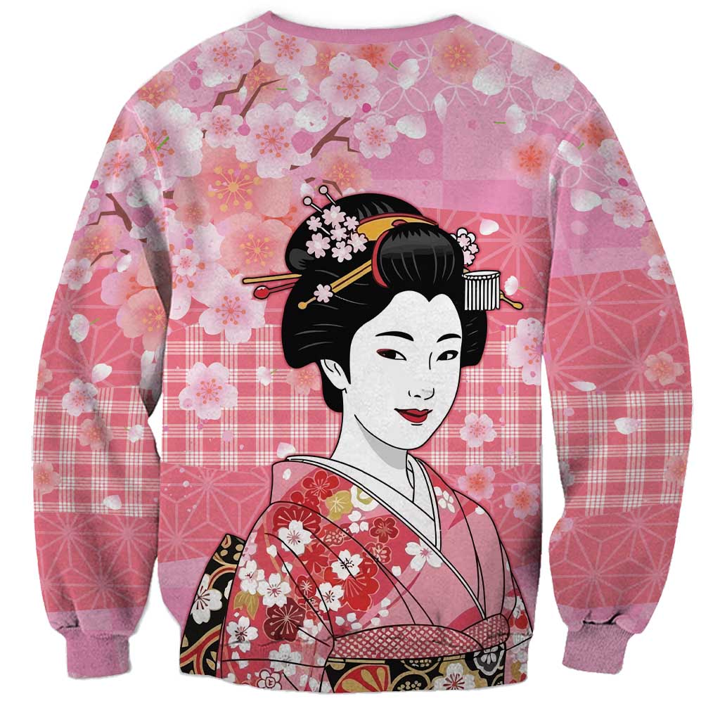 Japanese Geisha Cherry Blossom Sweatshirt Pink Palaka Hawaii Pattern Fusion Design