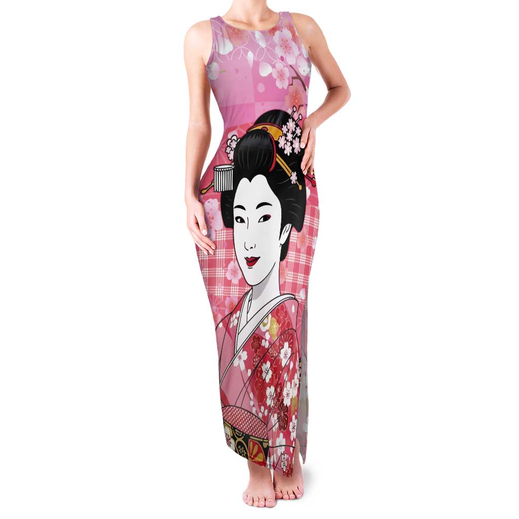 Japanese Geisha Cherry Blossom Tank Maxi Dress Pink Palaka Hawaii Pattern Fusion Design