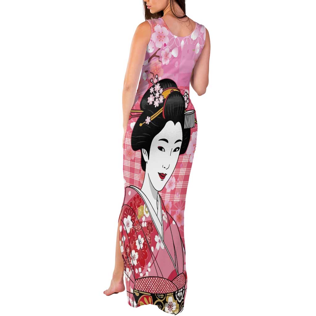Japanese Geisha Cherry Blossom Tank Maxi Dress Pink Palaka Hawaii Pattern Fusion Design