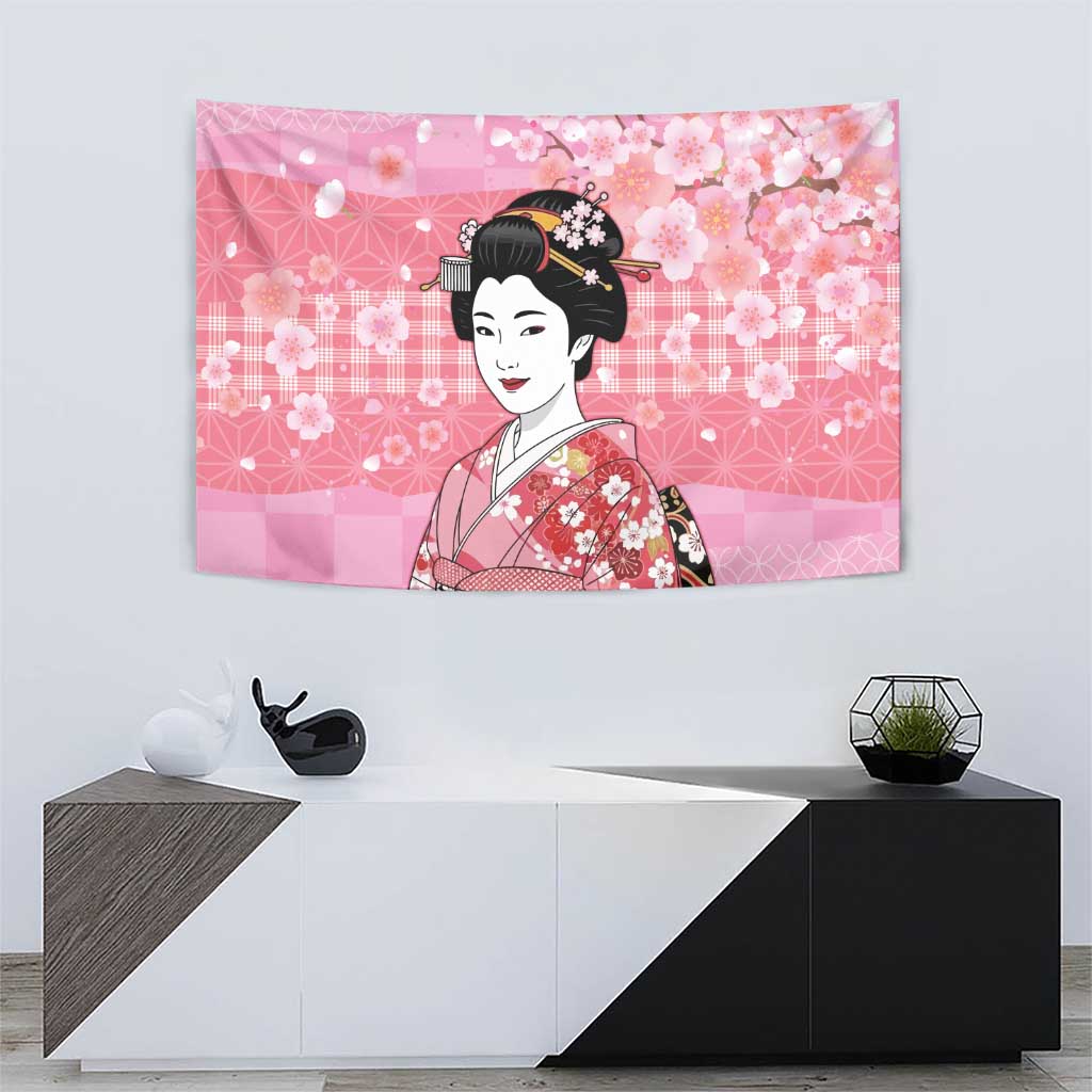 Japanese Geisha Cherry Blossom Tapestry Pink Palaka Hawaii Pattern Fusion Design