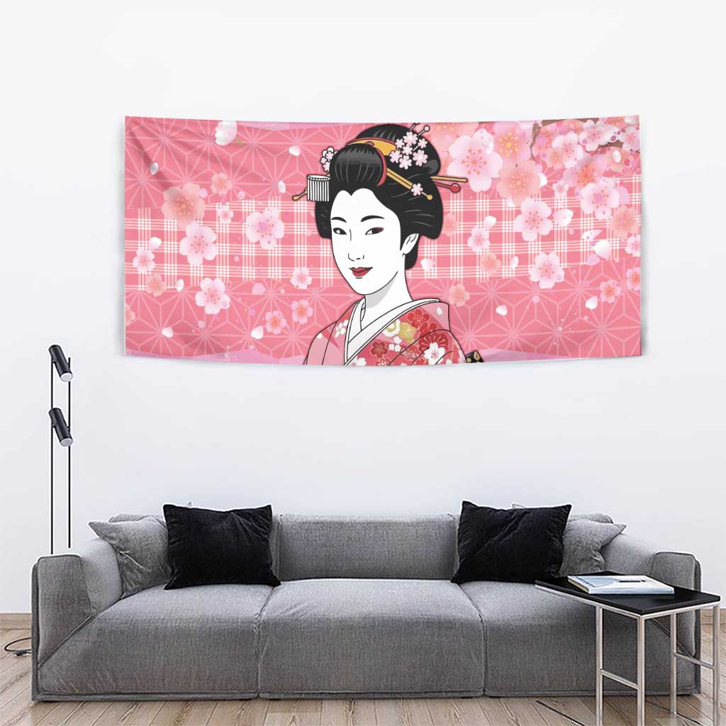 Japanese Geisha Cherry Blossom Tapestry Pink Palaka Hawaii Pattern Fusion Design