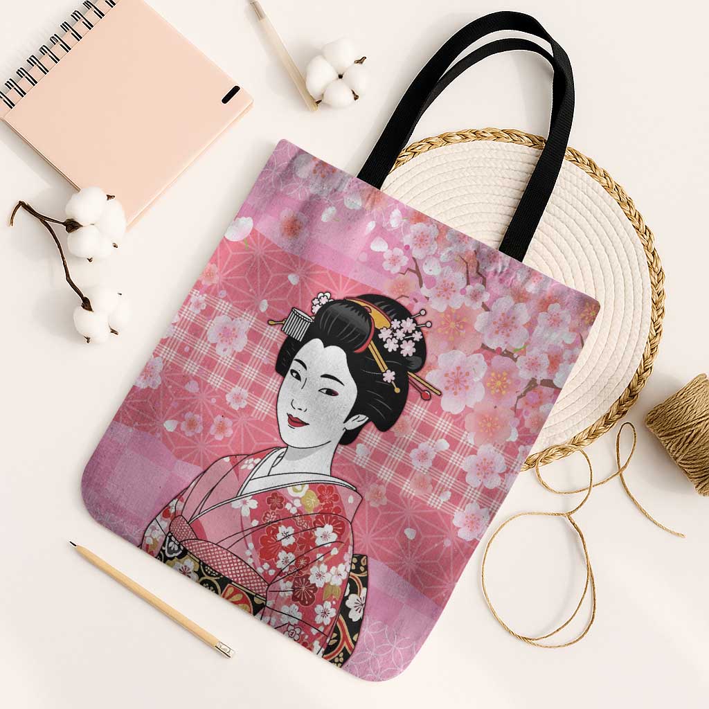 Japanese Geisha Cherry Blossom Tote Bag Pink Palaka Hawaii Pattern Fusion Design