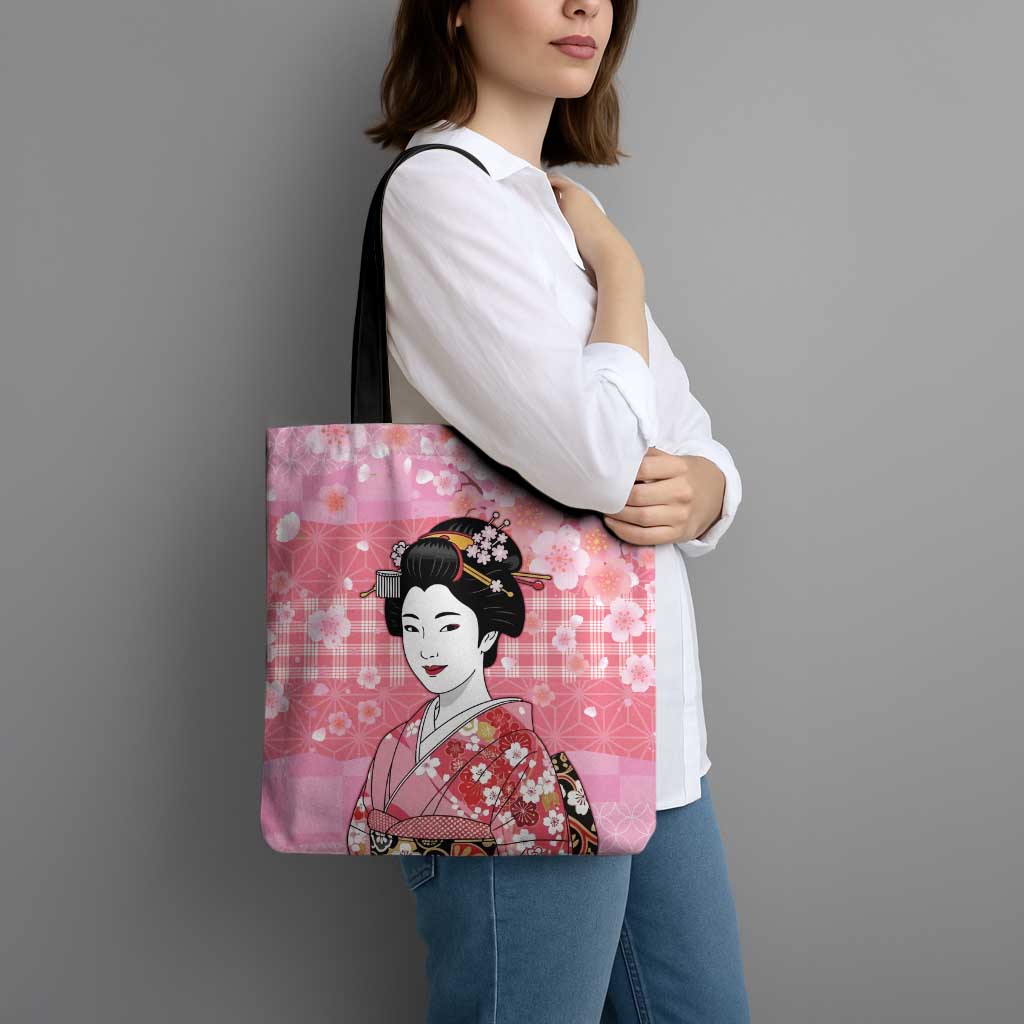 Japanese Geisha Cherry Blossom Tote Bag Pink Palaka Hawaii Pattern Fusion Design
