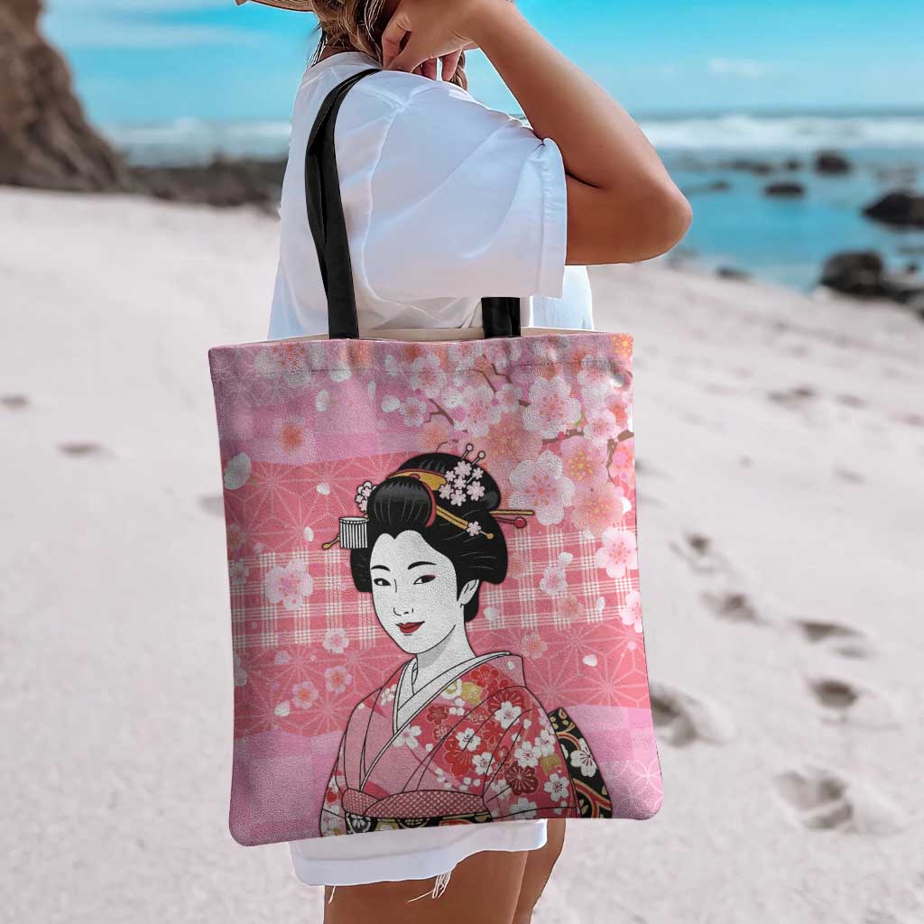 Japanese Geisha Cherry Blossom Tote Bag Pink Palaka Hawaii Pattern Fusion Design