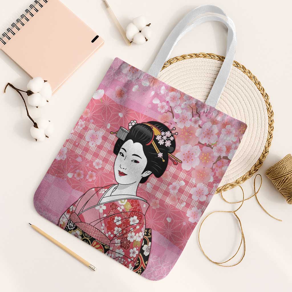 Japanese Geisha Cherry Blossom Tote Bag Pink Palaka Hawaii Pattern Fusion Design
