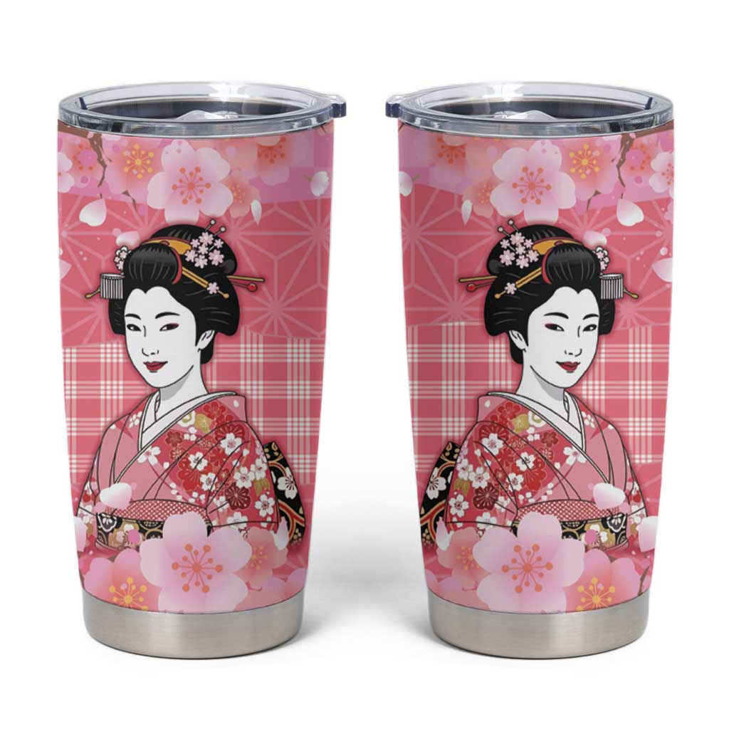Japanese Geisha Cherry Blossom Tumbler Cup Pink Palaka Hawaii Pattern Fusion Design