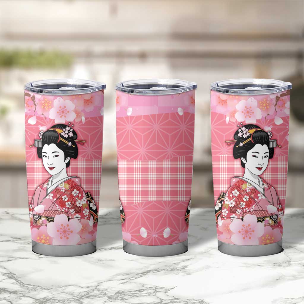 Japanese Geisha Cherry Blossom Tumbler Cup Pink Palaka Hawaii Pattern Fusion Design LT19 - Polynesian Pride