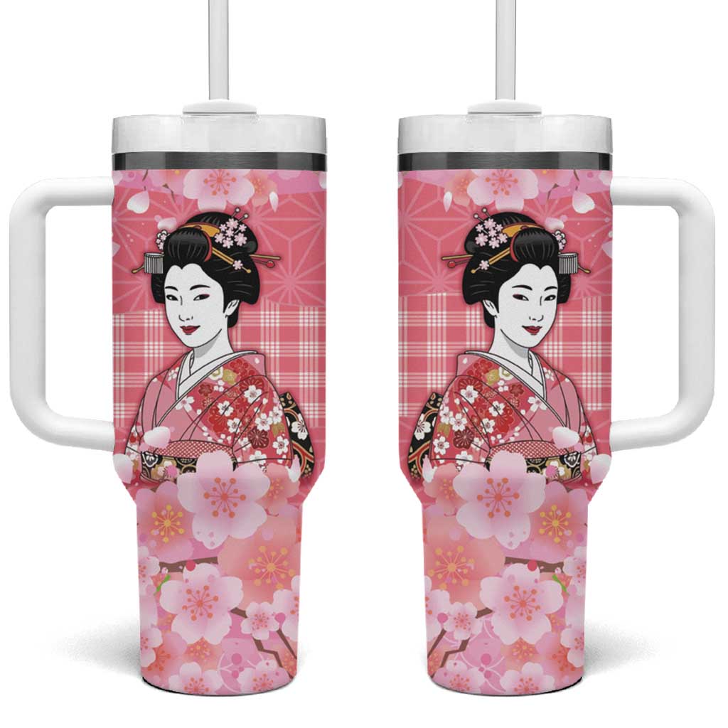 Japanese Geisha Cherry Blossom Tumbler With Handle Pink Palaka Hawaii Pattern Fusion Design