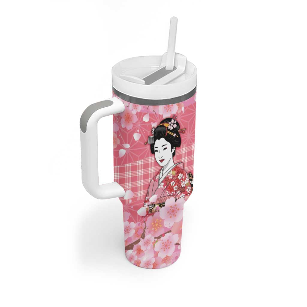 Japanese Geisha Cherry Blossom Tumbler With Handle Pink Palaka Hawaii Pattern Fusion Design