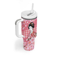 Japanese Geisha Cherry Blossom Tumbler With Handle Pink Palaka Hawaii Pattern Fusion Design