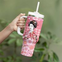 Japanese Geisha Cherry Blossom Tumbler With Handle Pink Palaka Hawaii Pattern Fusion Design