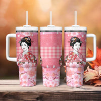 Japanese Geisha Cherry Blossom Tumbler With Handle Pink Palaka Hawaii Pattern Fusion Design