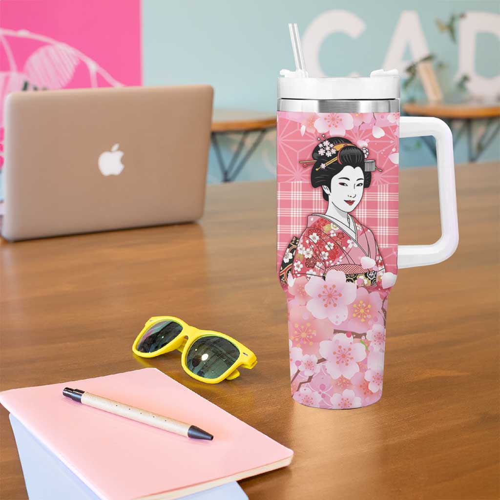 Japanese Geisha Cherry Blossom Tumbler With Handle Pink Palaka Hawaii Pattern Fusion Design