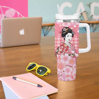 Japanese Geisha Cherry Blossom Tumbler With Handle Pink Palaka Hawaii Pattern Fusion Design