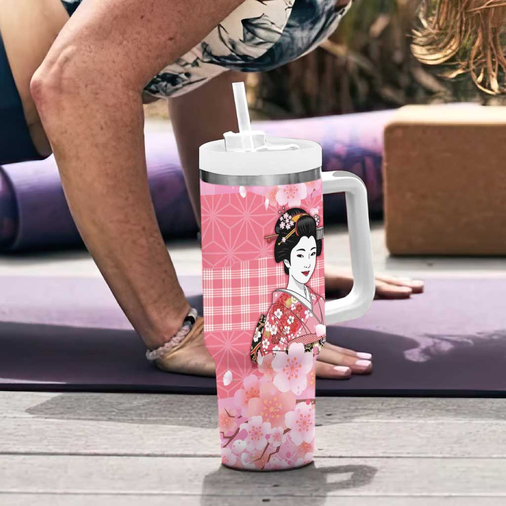 Japanese Geisha Cherry Blossom Tumbler With Handle Pink Palaka Hawaii Pattern Fusion Design