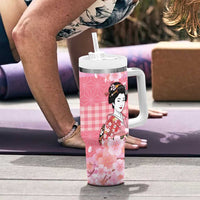 Japanese Geisha Cherry Blossom Tumbler With Handle Pink Palaka Hawaii Pattern Fusion Design
