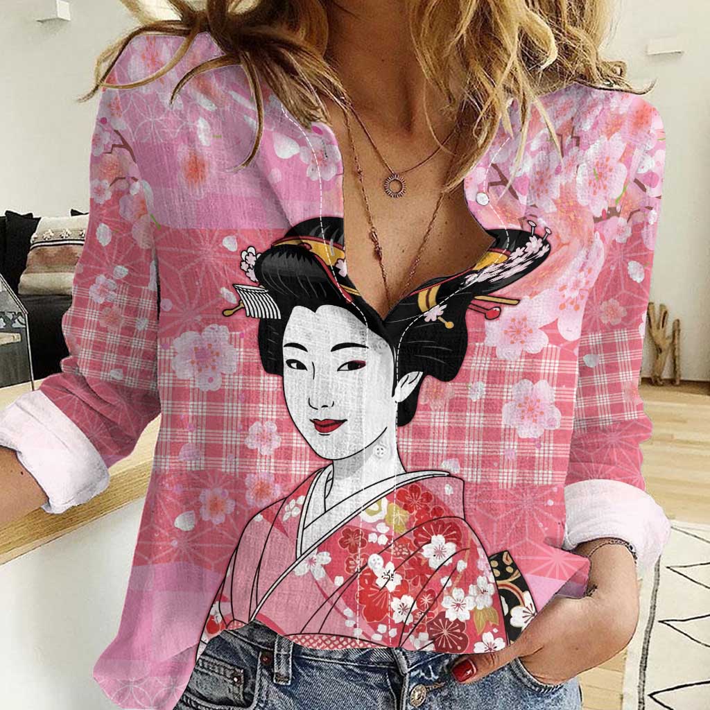 Japanese Geisha Cherry Blossom Women Casual Shirt Pink Palaka Hawaii Pattern Fusion Design
