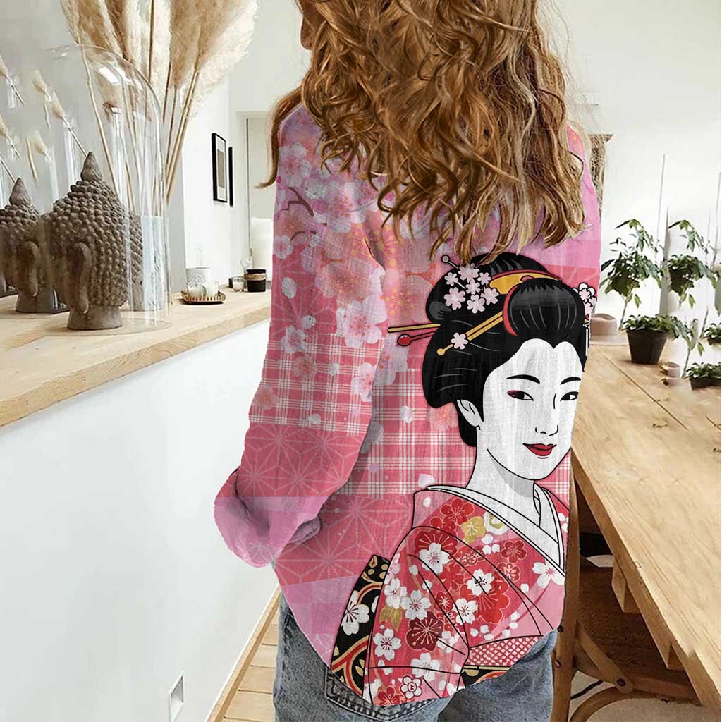 Japanese Geisha Cherry Blossom Women Casual Shirt Pink Palaka Hawaii Pattern Fusion Design