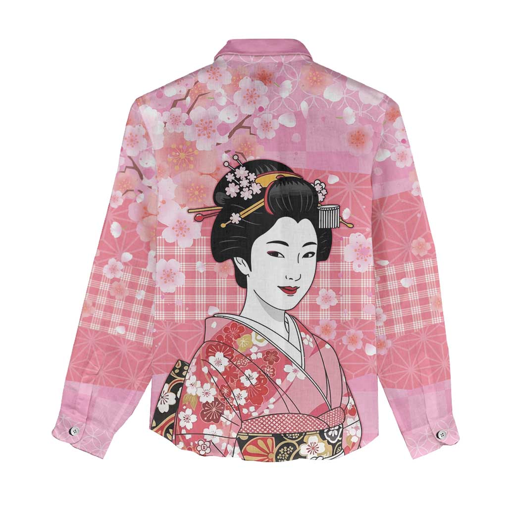 Japanese Geisha Cherry Blossom Women Casual Shirt Pink Palaka Hawaii Pattern Fusion Design