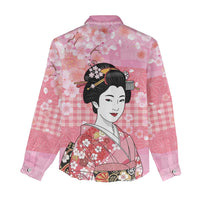 Japanese Geisha Cherry Blossom Women Casual Shirt Pink Palaka Hawaii Pattern Fusion Design