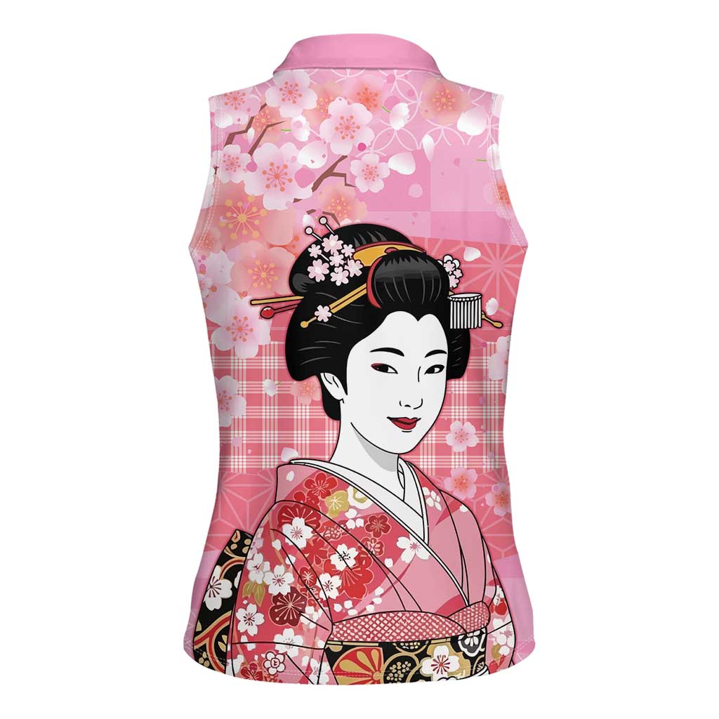 Japanese Geisha Cherry Blossom Women Sleeveless Polo Shirt Pink Palaka Hawaii Pattern Fusion Design
