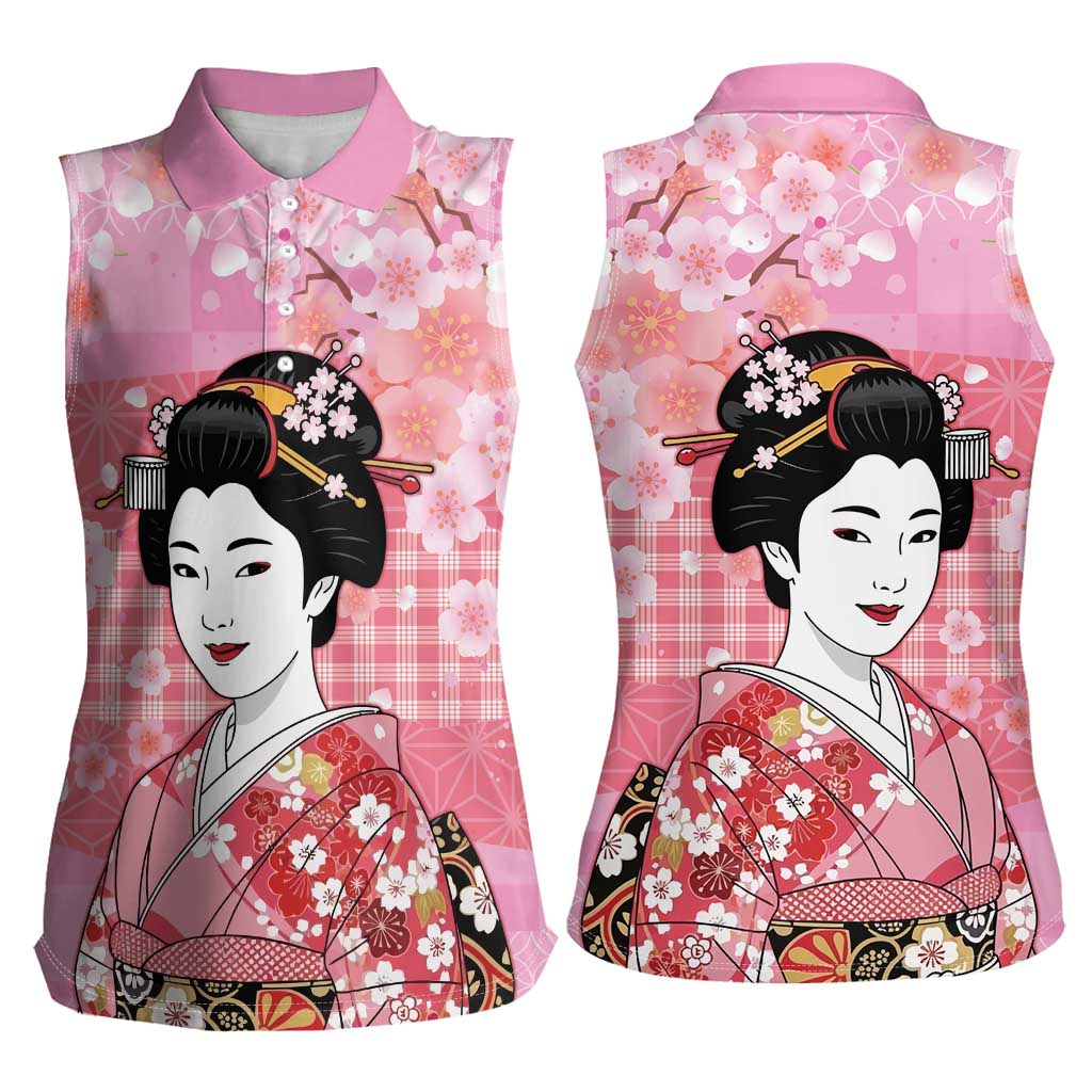 Japanese Geisha Cherry Blossom Women Sleeveless Polo Shirt Pink Palaka Hawaii Pattern Fusion Design