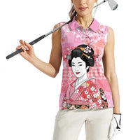 Japanese Geisha Cherry Blossom Women Sleeveless Polo Shirt Pink Palaka Hawaii Pattern Fusion Design