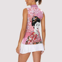 Japanese Geisha Cherry Blossom Women Sleeveless Polo Shirt Pink Palaka Hawaii Pattern Fusion Design