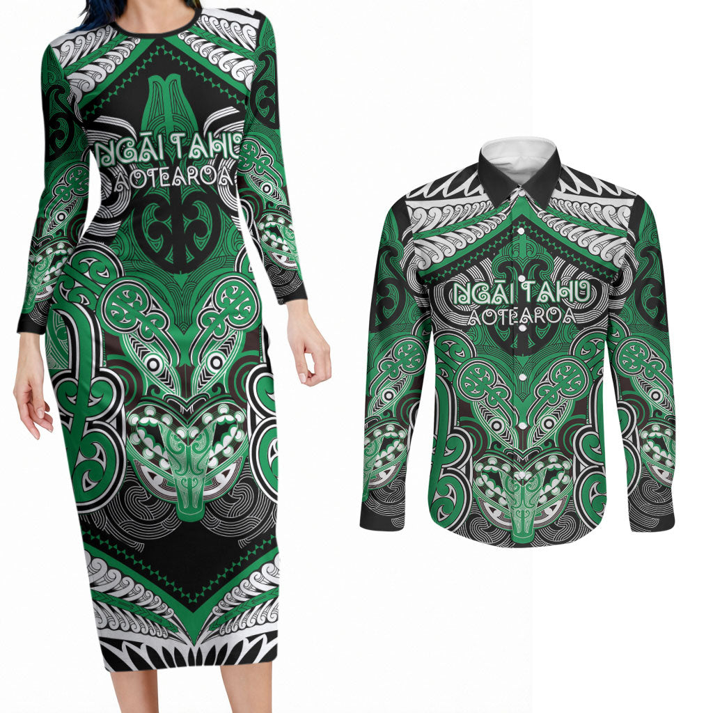 Aotearoa Iwi Ngai Tahu Personalised Couples Matching Long Sleeve Bodycon Dress and Long Sleeve Button Shirt Maori Kowhaiwhai Pattern