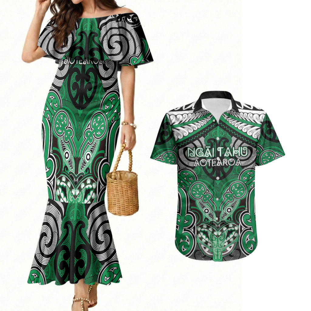 Aotearoa Iwi Ngai Tahu Personalised Couples Matching Mermaid Dress and Hawaiian Shirt Maori Kowhaiwhai Pattern