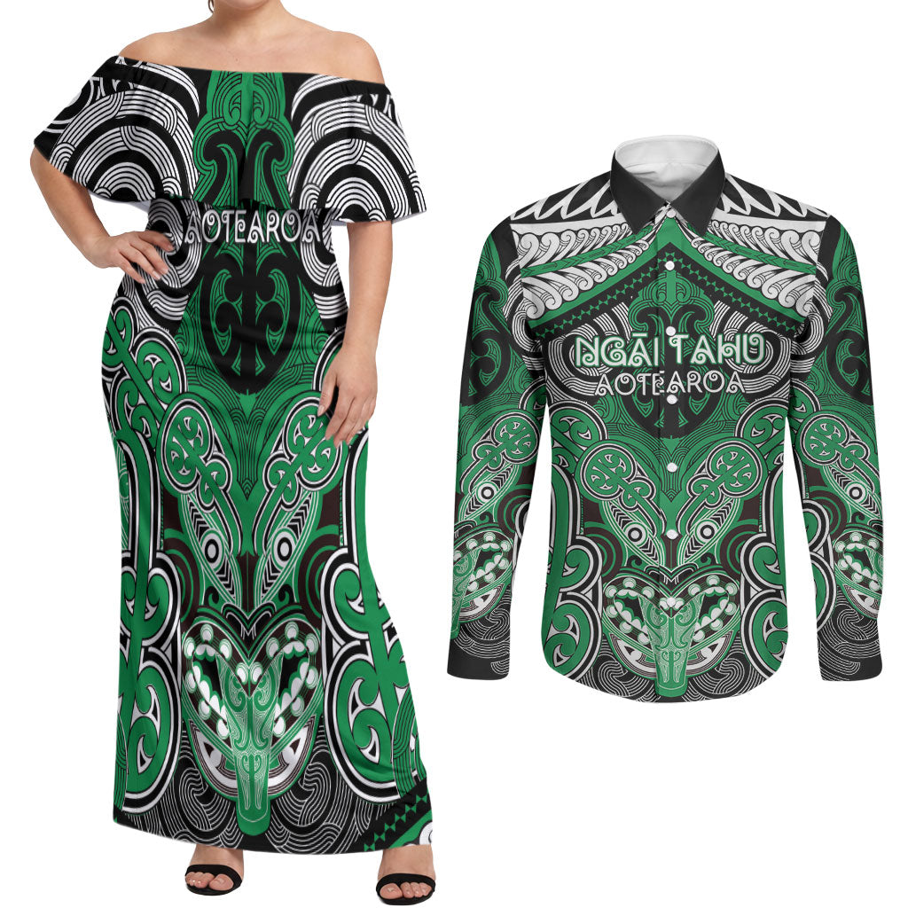 Aotearoa Iwi Ngai Tahu Personalised Couples Matching Off Shoulder Maxi Dress and Long Sleeve Button Shirt Maori Kowhaiwhai Pattern