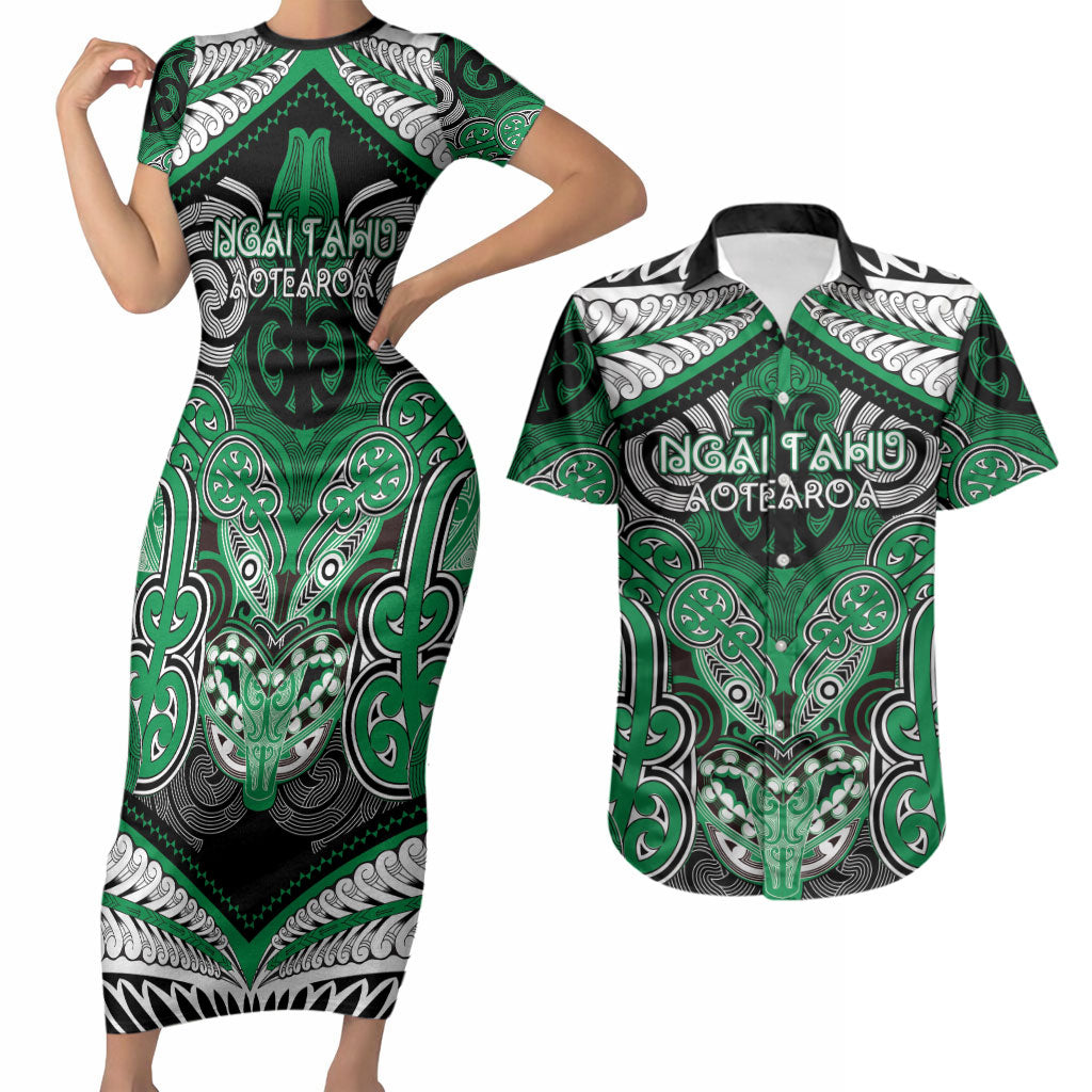 Aotearoa Iwi Ngai Tahu Personalised Couples Matching Short Sleeve Bodycon Dress and Hawaiian Shirt Maori Kowhaiwhai Pattern