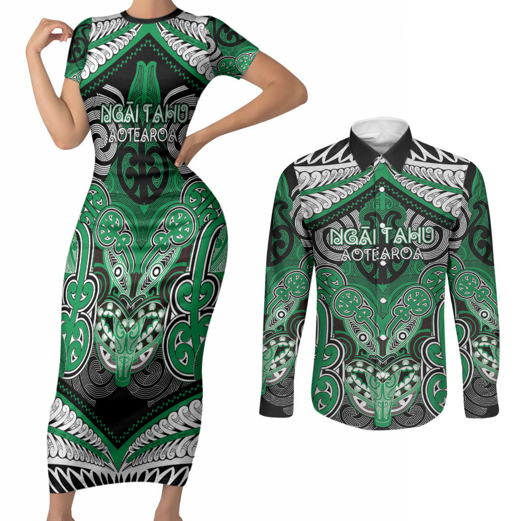 Aotearoa Iwi Ngai Tahu Personalised Couples Matching Short Sleeve Bodycon Dress and Long Sleeve Button Shirt Maori Kowhaiwhai Pattern