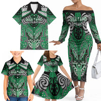 Aotearoa Iwi Ngai Tahu Personalised Family Matching Off The Shoulder Long Sleeve Dress and Hawaiian Shirt Maori Kowhaiwhai Pattern
