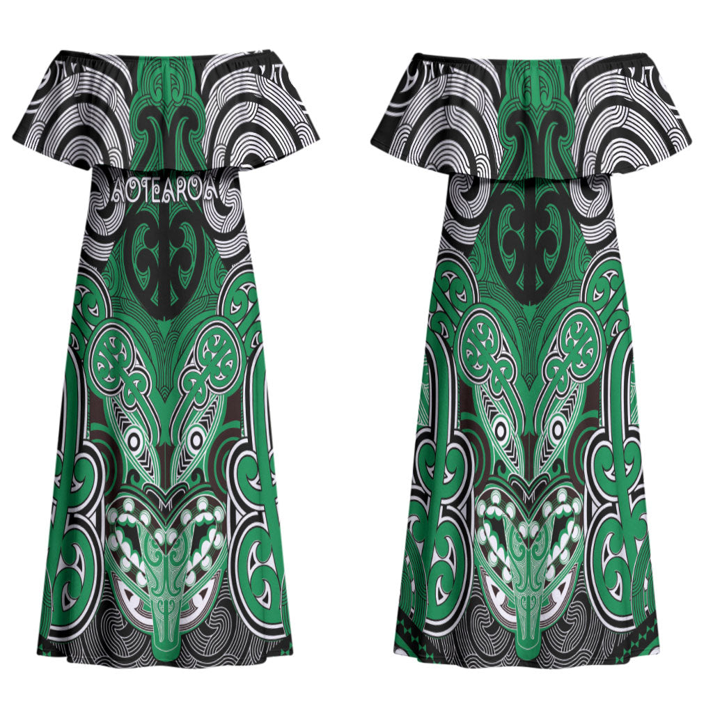 Aotearoa Iwi Ngai Tahu Personalised Family Matching Off Shoulder Maxi Dress and Hawaiian Shirt Maori Kowhaiwhai Pattern