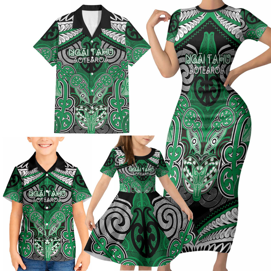 Aotearoa Iwi Ngai Tahu Personalised Family Matching Short Sleeve Bodycon Dress and Hawaiian Shirt Maori Kowhaiwhai Pattern