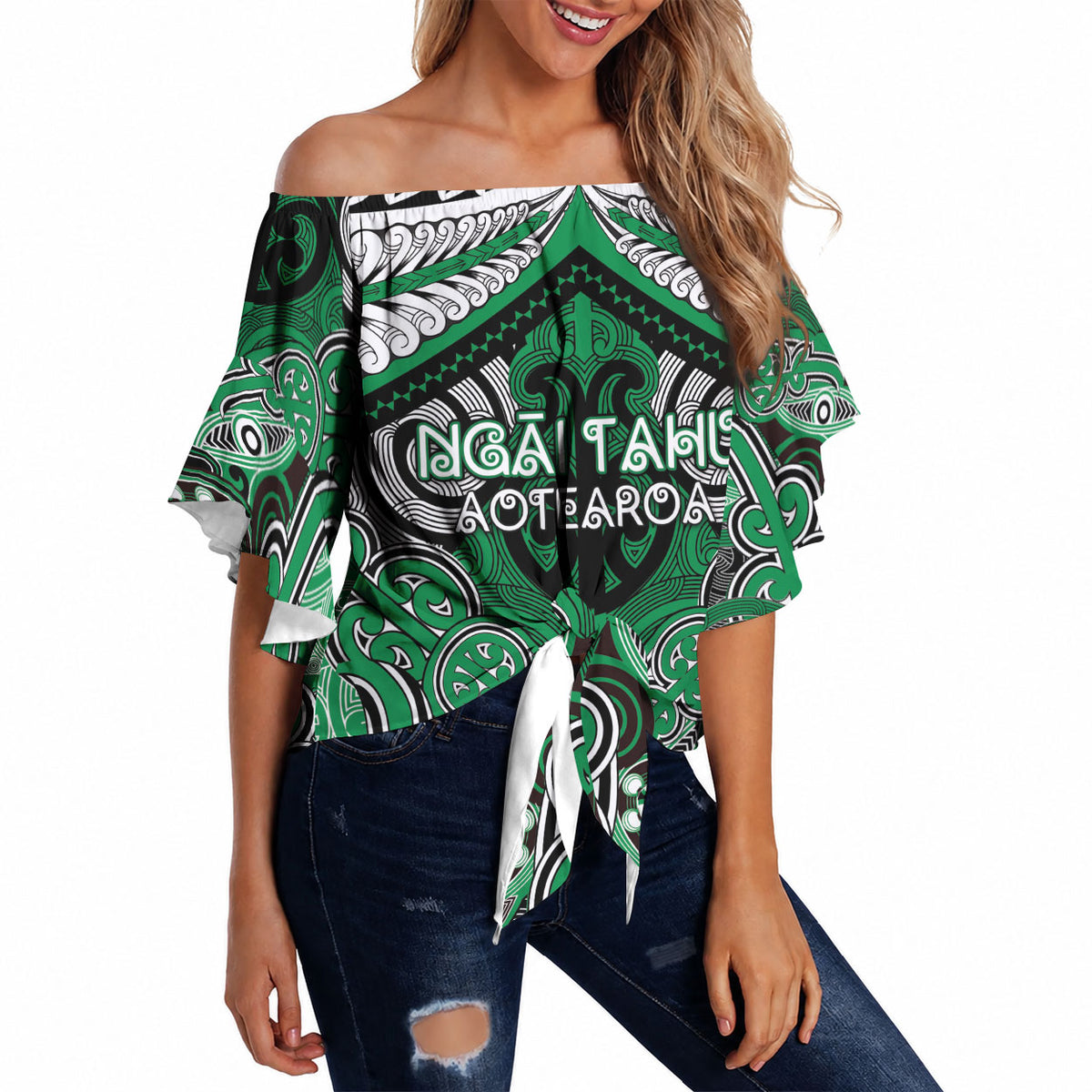 Aotearoa Iwi Ngai Tahu Personalised Off Shoulder Wrap Waist Top Maori Kowhaiwhai Pattern