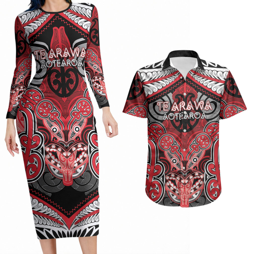 Aotearoa Iwi Te Arawa Personalised Couples Matching Long Sleeve Bodycon Dress and Hawaiian Shirt Maori Kowhaiwhai Pattern