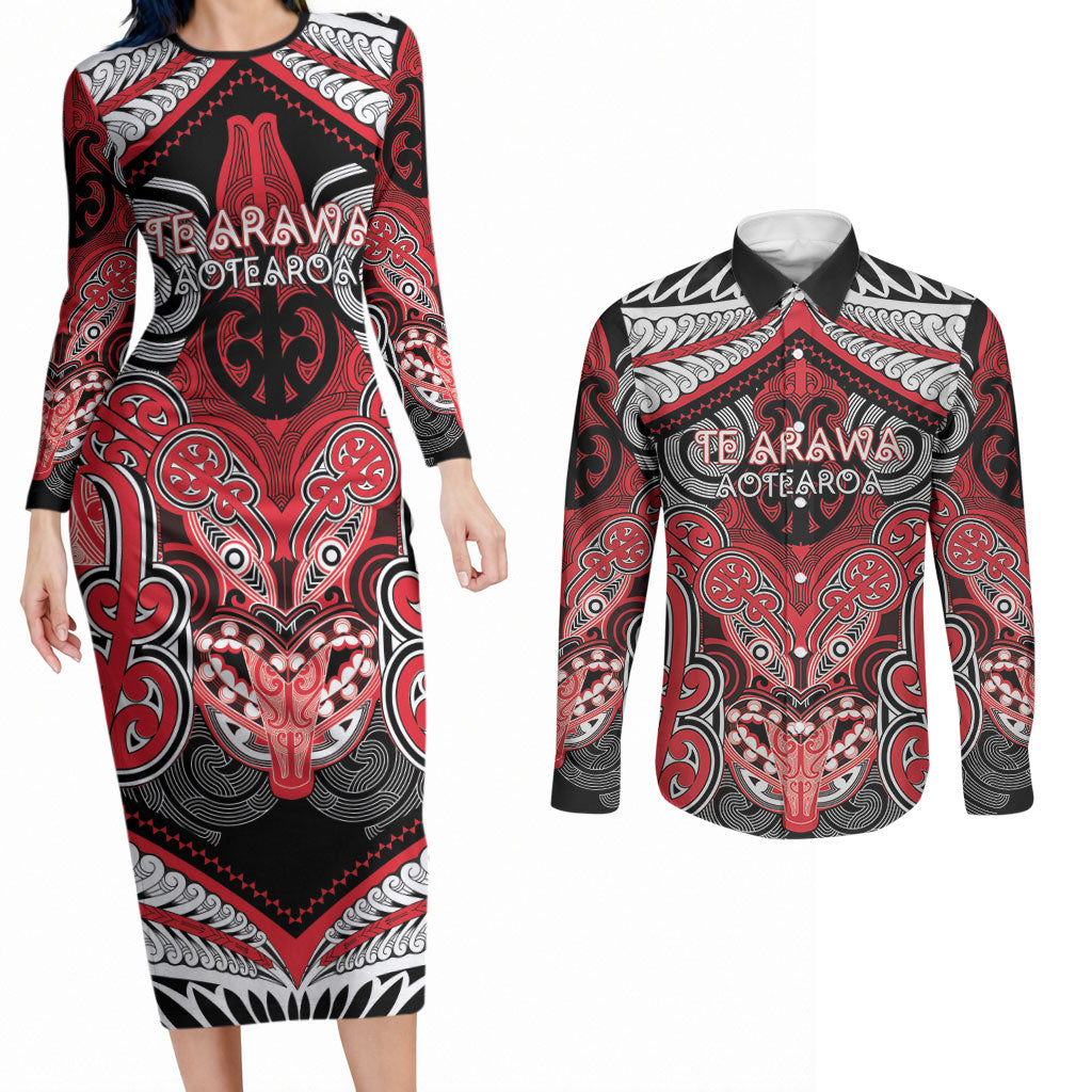 Aotearoa Iwi Te Arawa Personalised Couples Matching Long Sleeve Bodycon Dress and Long Sleeve Button Shirt Maori Kowhaiwhai Pattern