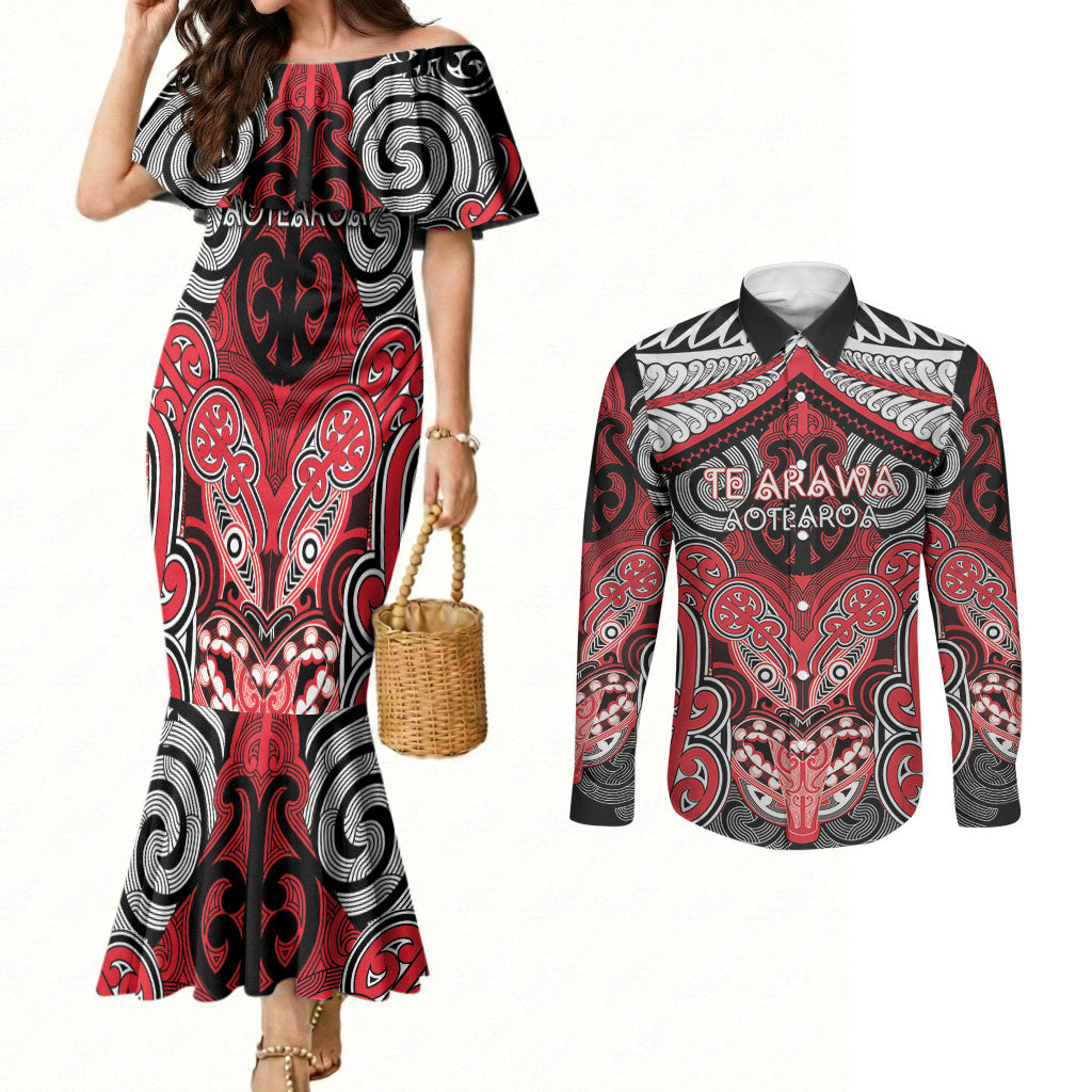 Aotearoa Iwi Te Arawa Personalised Couples Matching Mermaid Dress and Long Sleeve Button Shirt Maori Kowhaiwhai Pattern