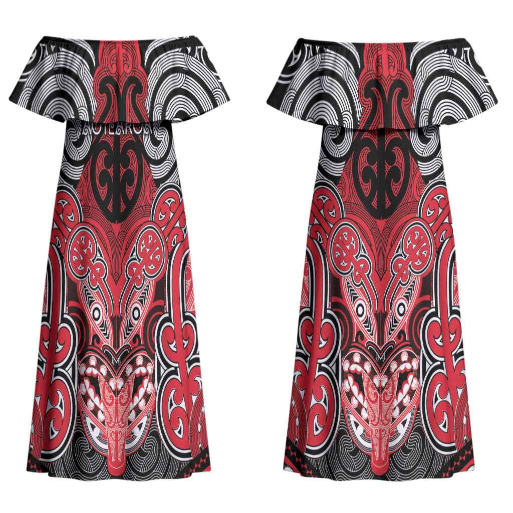 Aotearoa Iwi Te Arawa Personalised Couples Matching Off Shoulder Maxi Dress and Long Sleeve Button Shirt Maori Kowhaiwhai Pattern